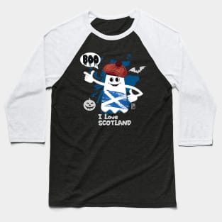 BOO GHOST with Scottish flag "I love Scotland"- cute Halloween Baseball T-Shirt